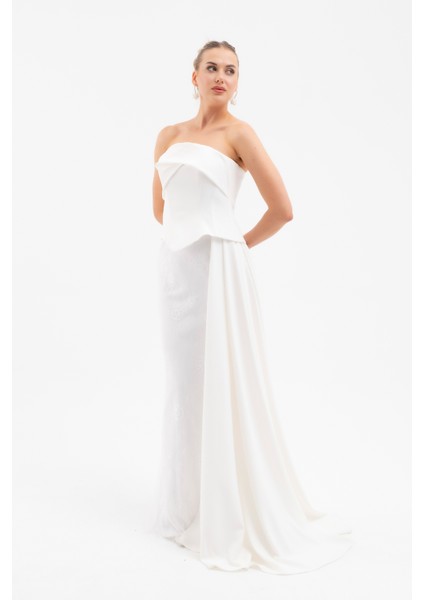 Kadın Beyaz Straplez Yaka Dantel Detay Uzun Abiye Elbise fiyatları