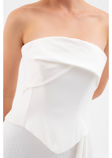 Kadın Beyaz Straplez Yaka Dantel Detay Uzun Abiye Elbise indirimleri