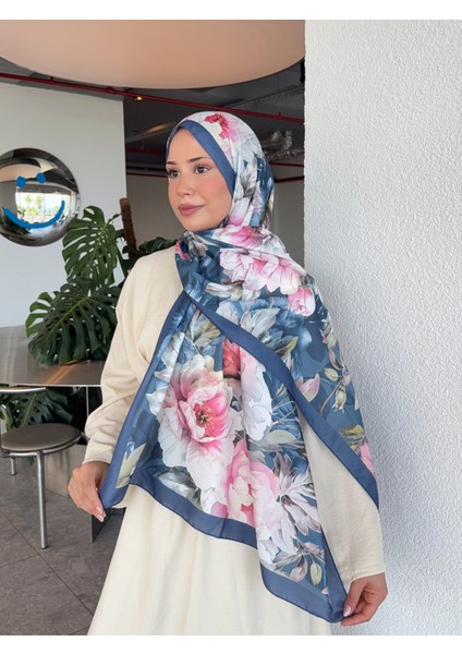 Desenli Pamuk Soft Şal Ilham Serisi Lacivert Pembe PS140