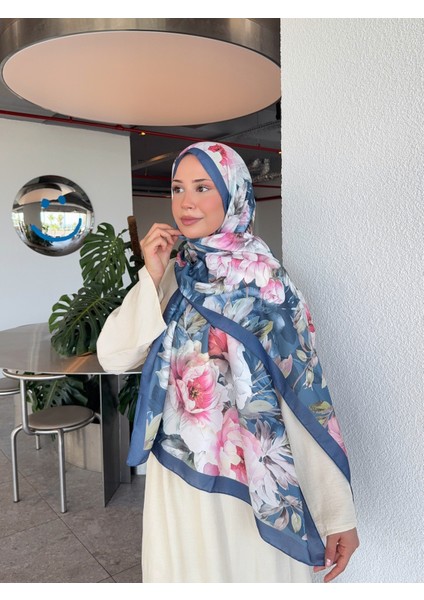 Desenli Pamuk Soft Şal Ilham Serisi Lacivert Pembe PS140