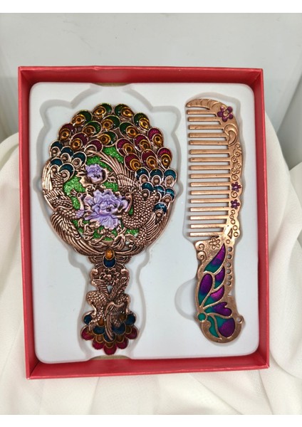 Bakır Tonlu Tavus Kuşu Motifli Vintage Ayna ve Tarak Seti