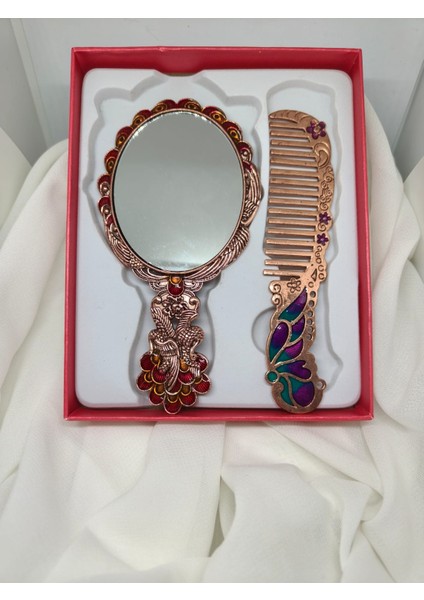 Bakır Tonlu Tavus Kuşu Motifli Vintage Ayna ve Tarak Seti fiyatları