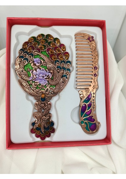 Bakır Tonlu Tavus Kuşu Motifli Vintage Ayna ve Tarak Seti fırsatları