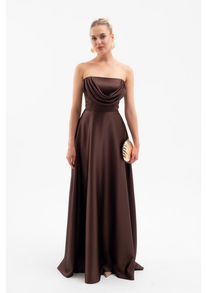 Kadın Kahverengi Degaje Yaka Uzun Straplez Abiye fiyatları