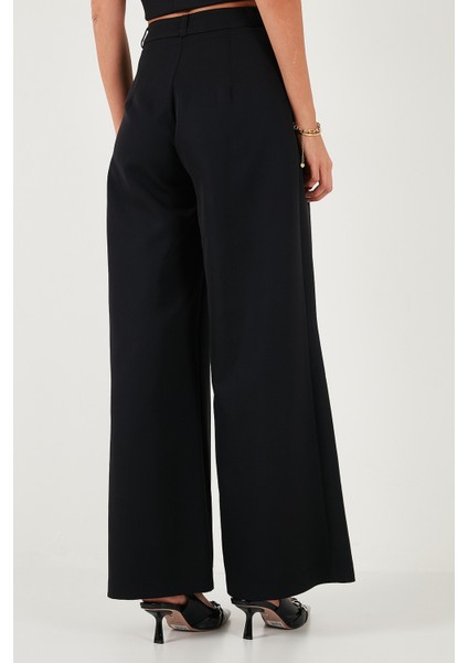 Pile Detaylı Wide Leg Yüksek Bel Geniş Paça Pantolon Bayan Pantolon 6522016