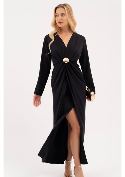 Kadın Lacivert Istiridye Aksesuarlı Uzun Kol Elbise modelleri