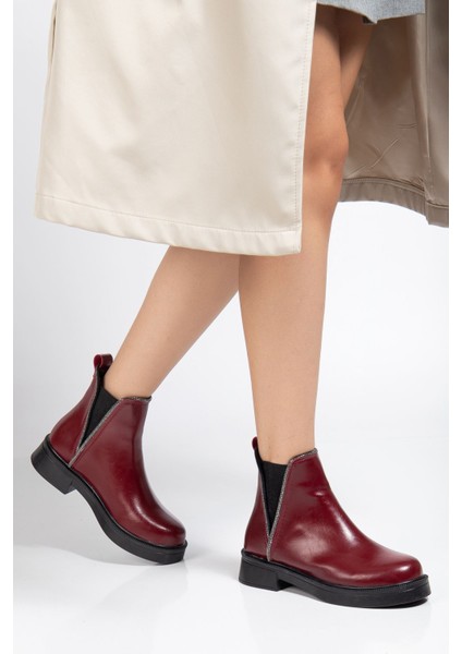 Bordo Kırışık Rugan Taş Aksesuarlı Lastikli Günlük Kadın Bot