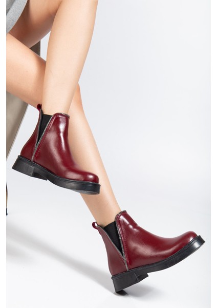 Bordo Kırışık Rugan Taş Aksesuarlı Lastikli Günlük Kadın Bot fiyatları