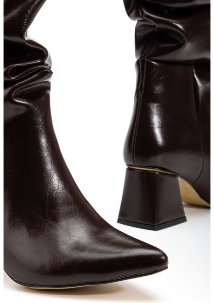 Kahve Kırışık Rugan Körüklü Kalın Topuklu Günlük Bayan Çizme fırsatları