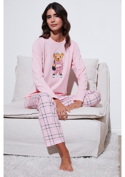 Pamuklu Regular Fit Baskılı Bisiklet Yaka Pijama Takımı Bayan Pijama Takımı 65723313