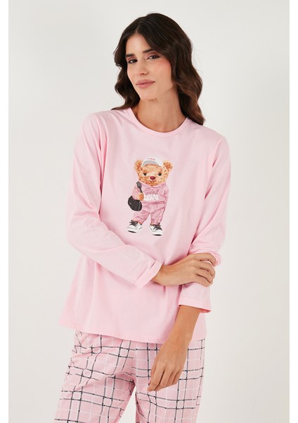 Pamuklu Regular Fit Baskılı Bisiklet Yaka Pijama Takımı Bayan Pijama Takımı 65723313 fiyatları