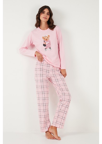 Pamuklu Regular Fit Baskılı Bisiklet Yaka Pijama Takımı Bayan Pijama Takımı 65723313 indirimleri