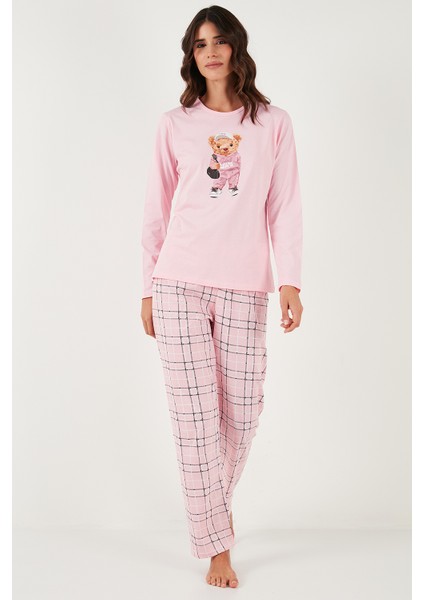 Pamuklu Regular Fit Baskılı Bisiklet Yaka Pijama Takımı Bayan Pijama Takımı 65723313