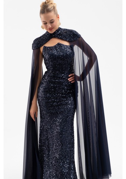 Kadın Lacivert Tül Pelerinli Straplez Uzun Pullu Abiye Elbise modelleri