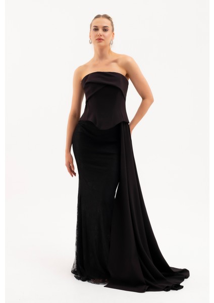 Kadın Siyah Straplez Yaka Dantel Detay Uzun Abiye Elbise