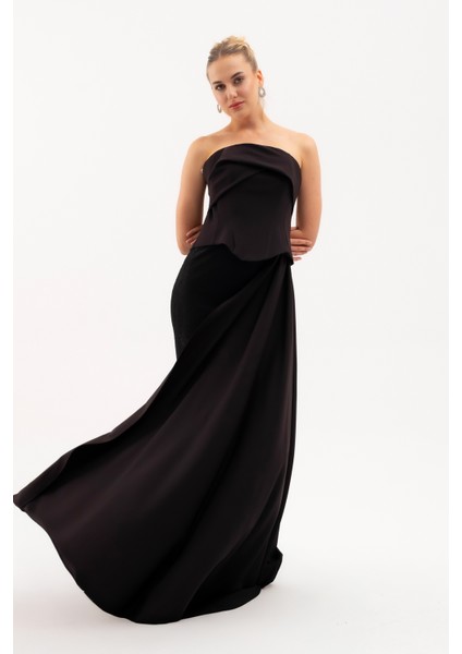 Kadın Siyah Straplez Yaka Dantel Detay Uzun Abiye Elbise fiyatları