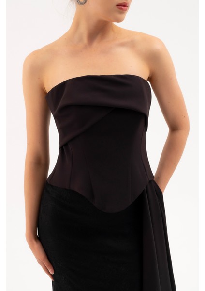 Kadın Siyah Straplez Yaka Dantel Detay Uzun Abiye Elbise fırsatları