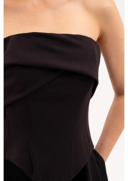 Kadın Siyah Straplez Yaka Dantel Detay Uzun Abiye Elbise indirimleri