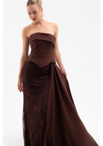 Kadın Kahverengi Straplez Yaka Dantel Detay Uzun Abiye Elbise modelleri