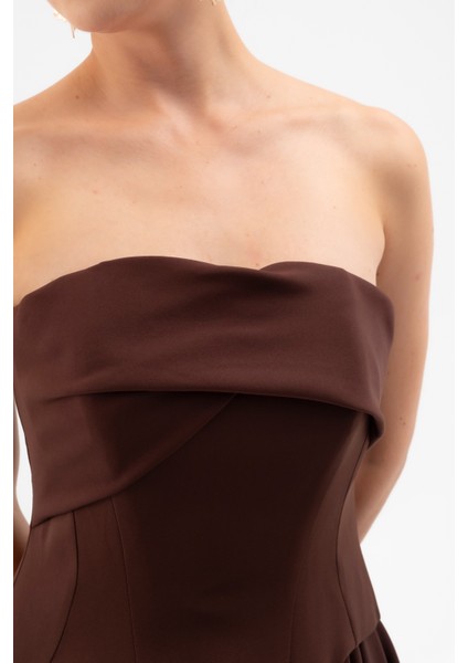 Kadın Kahverengi Straplez Yaka Dantel Detay Uzun Abiye Elbise indirimleri