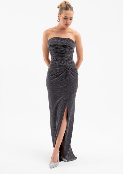 Kadın Gri Straplez Yaka Düğüm Detay Uzun Abiye Elbise