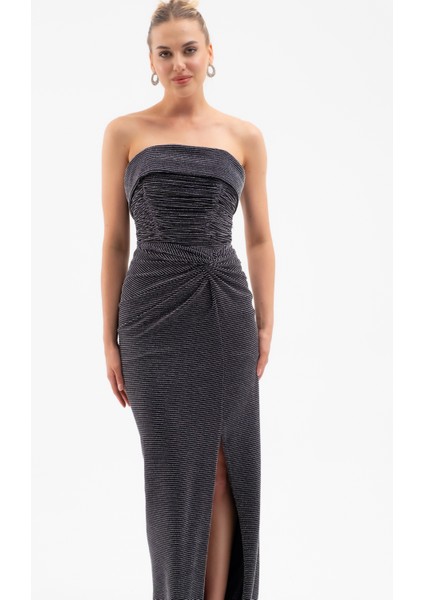 Kadın Gri Straplez Yaka Düğüm Detay Uzun Abiye Elbise fiyatları