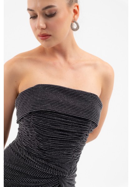 Kadın Gri Straplez Yaka Düğüm Detay Uzun Abiye Elbise indirimleri