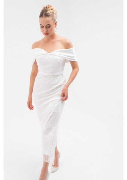 Kadın Beyaz Kayık Yaka Midi Boncuklu Abiye Elbise