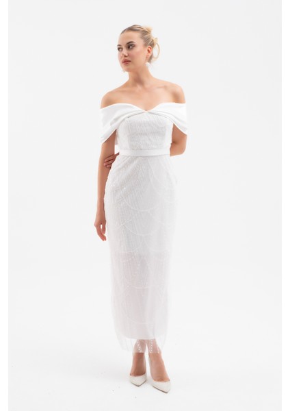 Kadın Beyaz Kayık Yaka Midi Boncuklu Abiye Elbise fiyatları