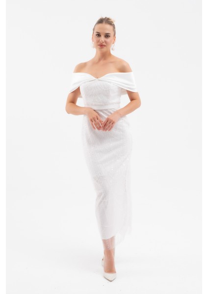Kadın Beyaz Kayık Yaka Midi Boncuklu Abiye Elbise modelleri