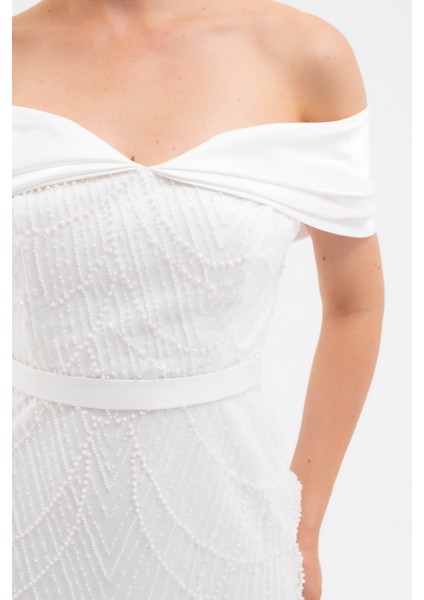 Kadın Beyaz Kayık Yaka Midi Boncuklu Abiye Elbise fırsatları