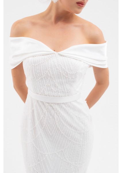 Kadın Beyaz Kayık Yaka Midi Boncuklu Abiye Elbise indirimleri