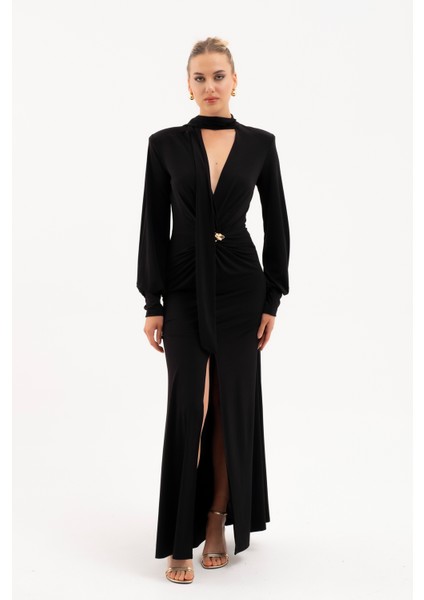 Kadın Siyah Şal Yaka Ön Düğüm Tokalı Uzun Elbise fiyatları