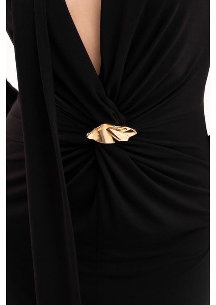 Kadın Siyah Şal Yaka Ön Düğüm Tokalı Uzun Elbise indirimleri