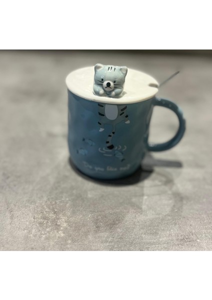 Kaşıklı Kapaklı Kedi Detaylı Porselen Kupa fiyatları