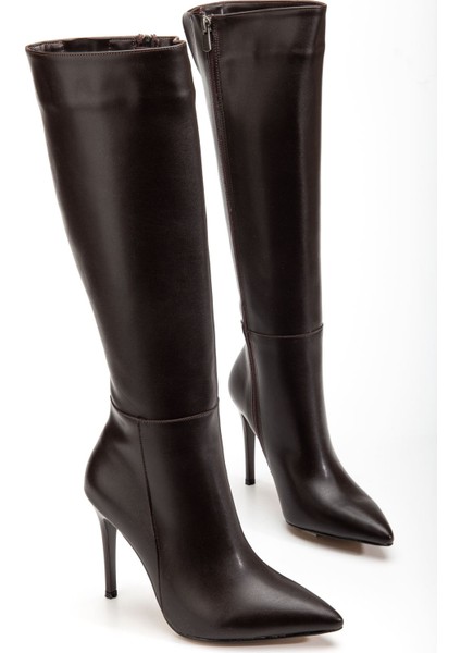 Kahve Cilt Fermuarlı Lastikli Ince Yüksek Topuklu Kadın Çizme indirimleri