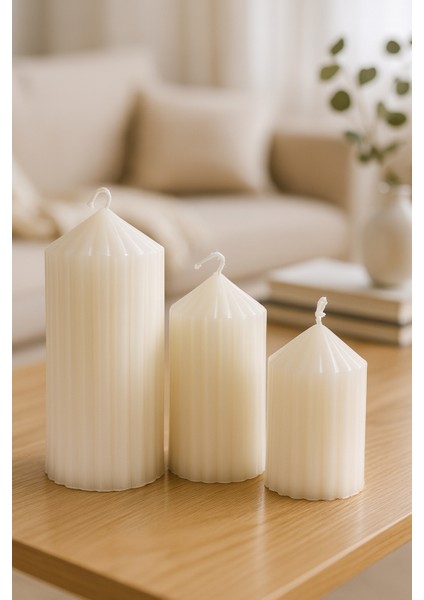 3’lü Oluklu Silindir Dekoratif Mum Seti (Büyük-Orta-Küçük)Büyük Boy:15 - Orta Boy:12 - Küçük Boy:8cm