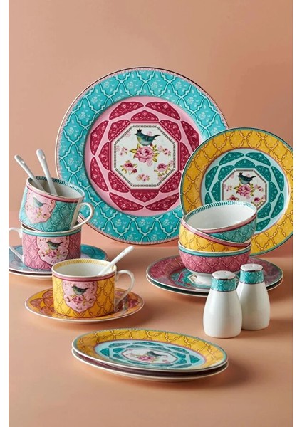 Royking SMC-069 48 Parça 6 Kişilik Porselen Kahvaltı Takımı Bird Garden Çok Renkli