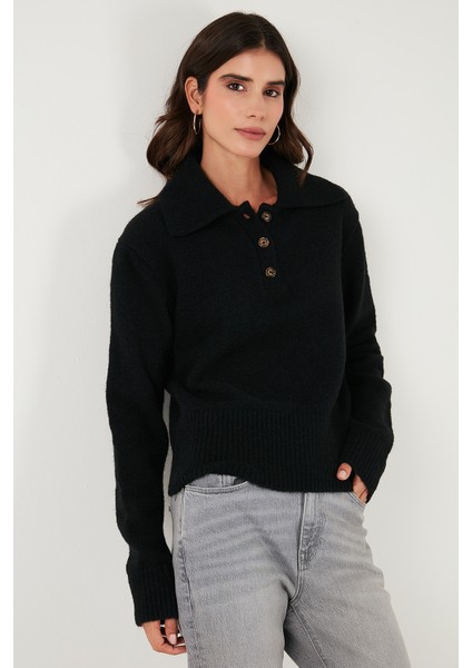 Yün Karışımlı Regular Fit Düğmeli Polo Yaka Kazak Bayan Polo Yaka Kazak 4617019