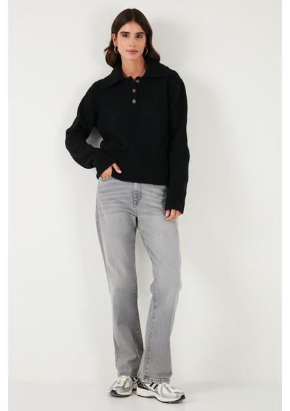 Yün Karışımlı Regular Fit Düğmeli Polo Yaka Kazak Bayan Polo Yaka Kazak 4617019 fiyatları