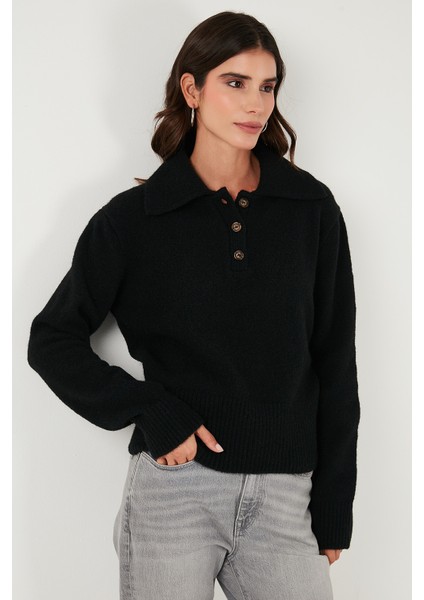 Yün Karışımlı Regular Fit Düğmeli Polo Yaka Kazak Bayan Polo Yaka Kazak 4617019 modelleri