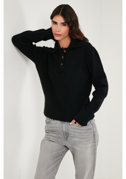 Yün Karışımlı Regular Fit Düğmeli Polo Yaka Kazak Bayan Polo Yaka Kazak 4617019 fırsatları