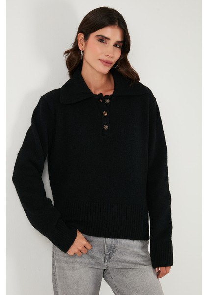 Yün Karışımlı Regular Fit Düğmeli Polo Yaka Kazak Bayan Polo Yaka Kazak 4617019 indirimleri