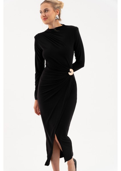 Kadın Siyah Aksesuar Detay Midi Elbise modelleri