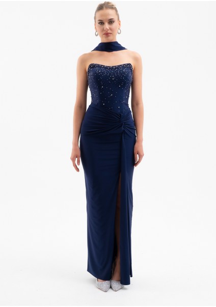 Kadın Lacivert Şal Yaka Taşlı Düğüm Detay Uzun Abiye Elbise fiyatları