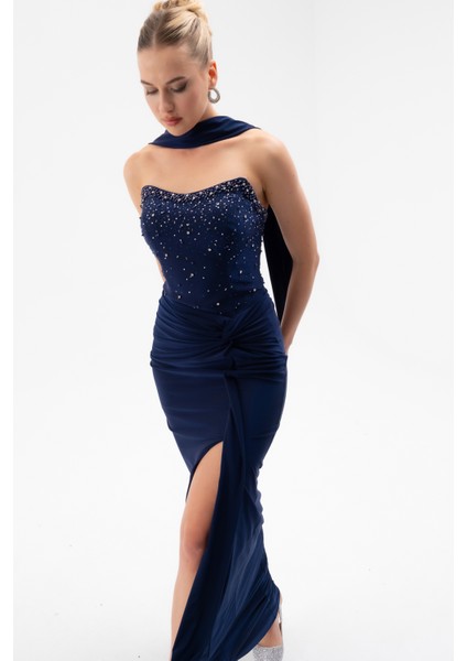 Kadın Lacivert Şal Yaka Taşlı Düğüm Detay Uzun Abiye Elbise modelleri