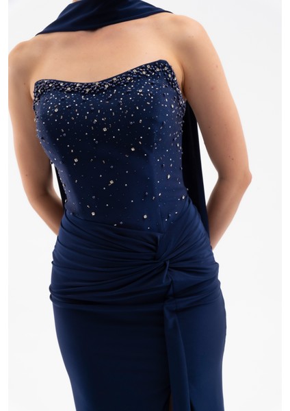 Kadın Lacivert Şal Yaka Taşlı Düğüm Detay Uzun Abiye Elbise fırsatları