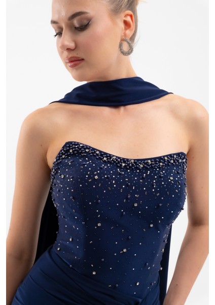 Kadın Lacivert Şal Yaka Taşlı Düğüm Detay Uzun Abiye Elbise indirimleri