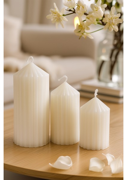 3’lü Oluklu Silindir Dekoratif Mum Seti (Büyük-Orta-Küçük)Büyük Boy:15 - Orta Boy:12 - Küçük Boy:8cm modelleri