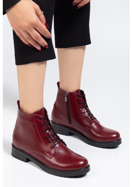 Bordo Yanki Bağcıklı Fermuarlı Günlük Kadın Bot